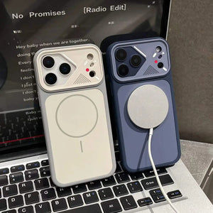 Two minimalist magnetic phone cases with a custom camera bar, shown on iPhones. One case is a light warm gray/cream color, and the other is a dark slate blue.
