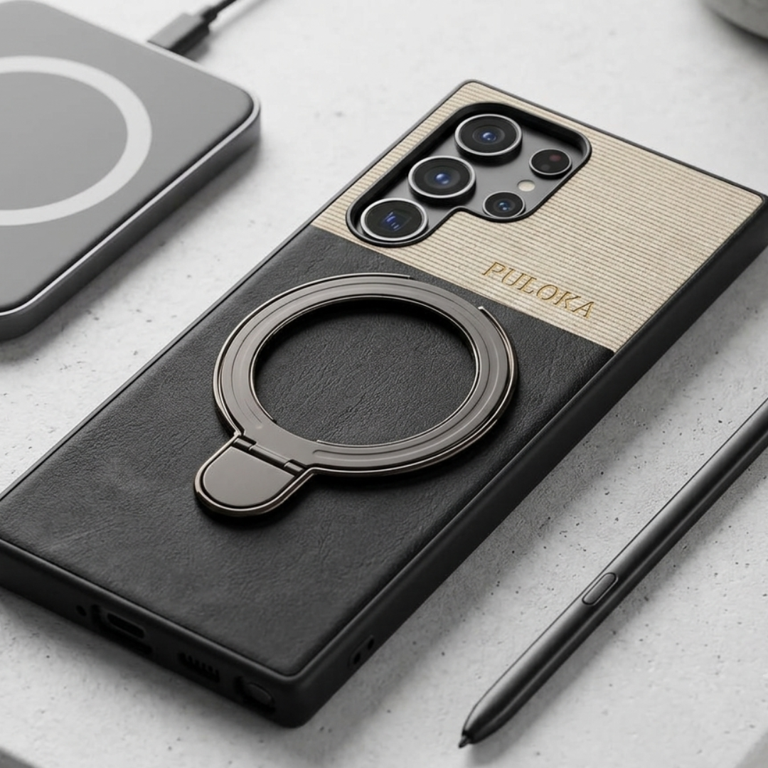 PULOKA Luxury Leather & Canvas Case | Built-in MagSafe Kickstand