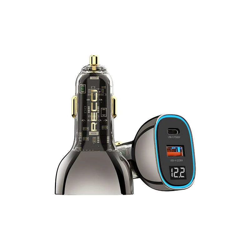 شاحن سيارة شفاف RCC-N21 بقوة 95 واط بتقنية PD3.0+QC3.0 مع شاشة رقمية - أسود