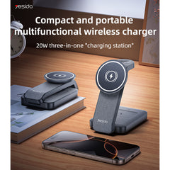 DS26 15W yesido Wireless Fast Charging With Nightlight Foldable Design 3 in1 Desktop Stand Wireless Charger