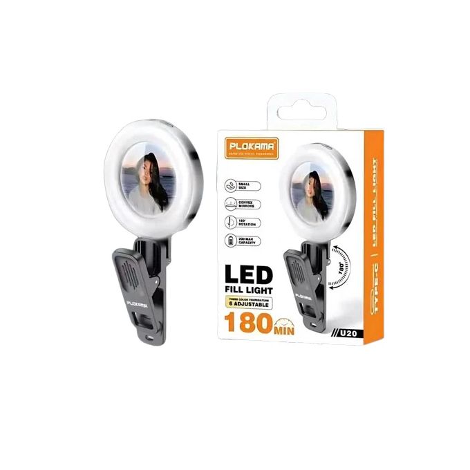 PLOKAMA LED U20 - مصباح سيلفي محمول قابل لإعادة الشحن مع 3 أوضاع ألوان و6 مستويات سطوع ودوران 180° ومرآة مدمجة للهاتف والفيديو