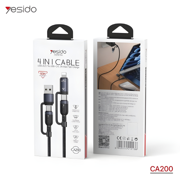 ORGINAL YESIDO CA200 4 in 1 Charging Cable USB&Type-C to Type-C&8-Pin Braided Cable
