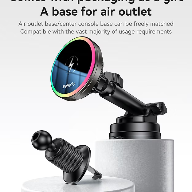 15W Suction Cup Air Vent Car Wireless Charging Holder with RGB Lighting - YESIDO C315