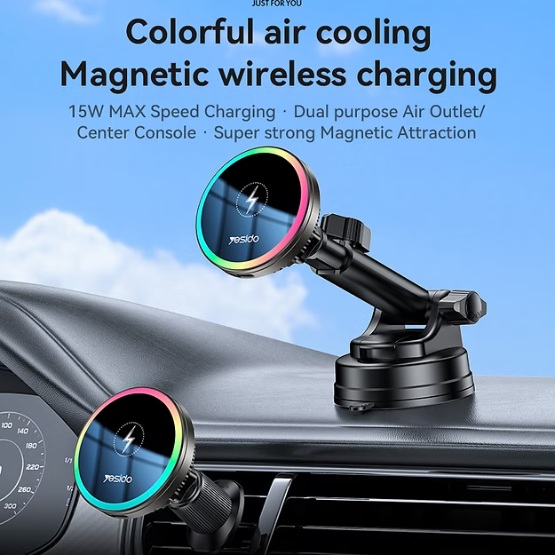 15W Suction Cup Air Vent Car Wireless Charging Holder with RGB Lighting - YESIDO C315
